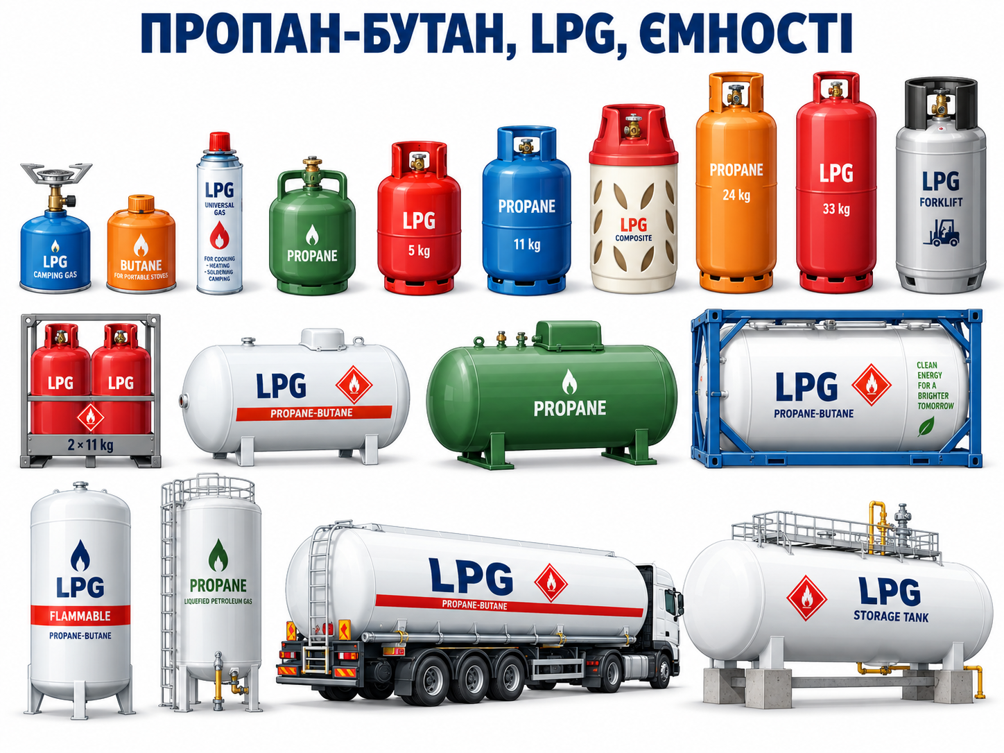 Види ємностей зберігання пропан-бутану УКРАВТОНОМГАЗ
